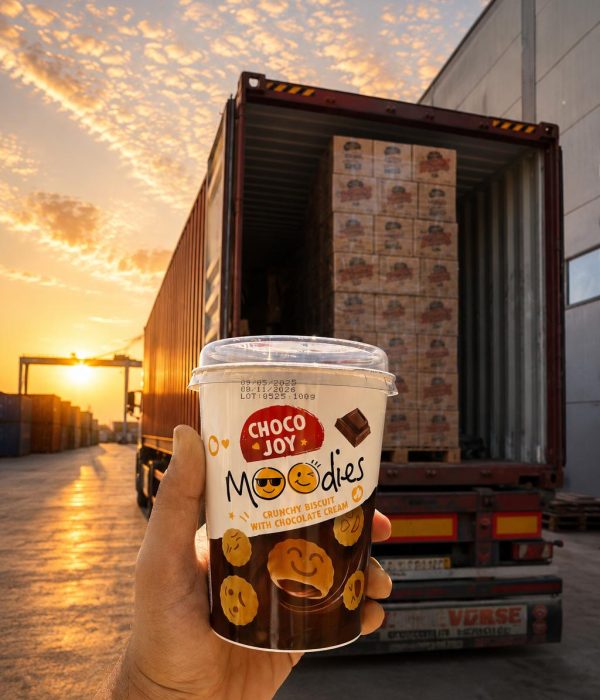 Sefer Gida exporting Choco Joy Moodies chocolate biscuit cups in containers for international wholesale distribution.
